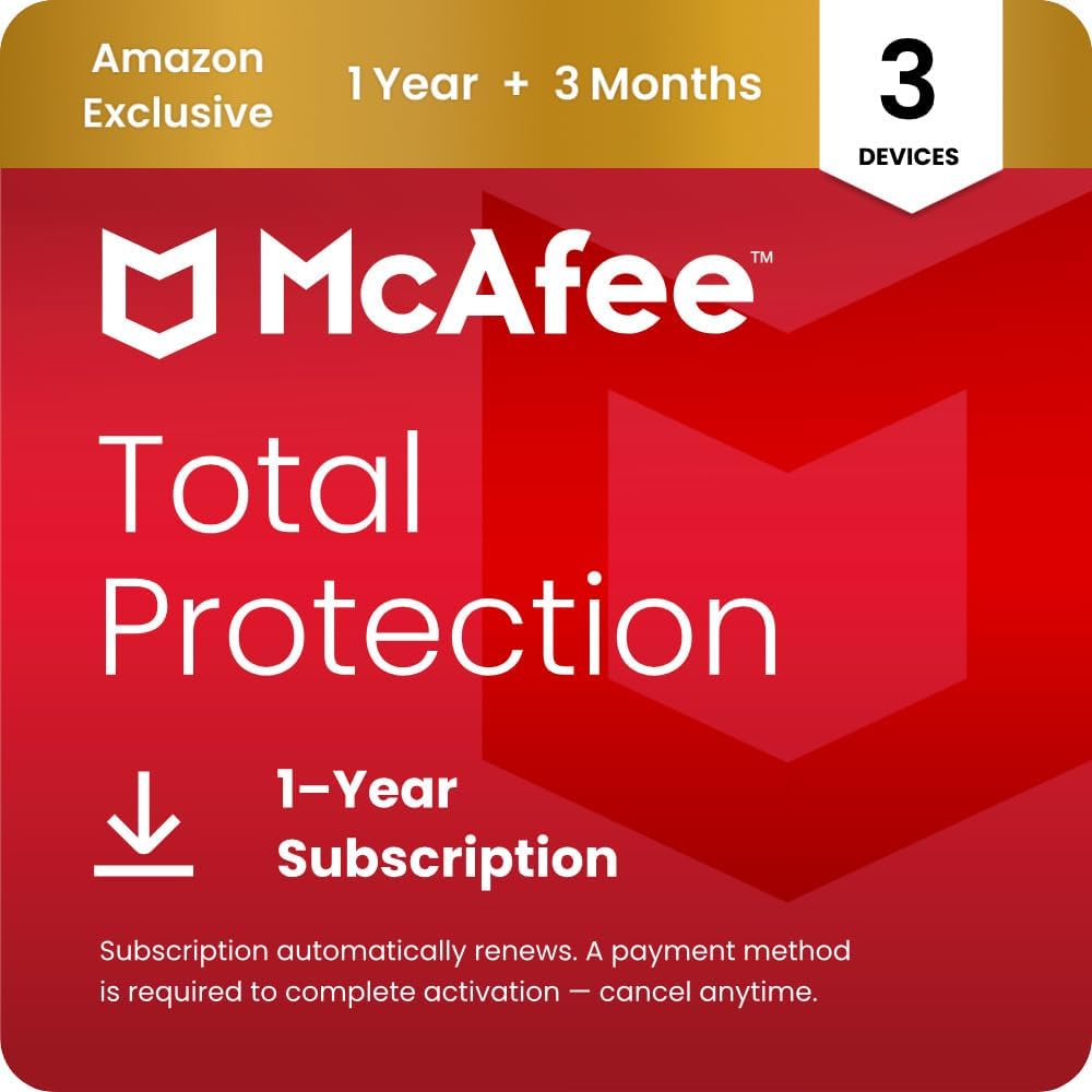 McAfee Total Protection 3-Device | 15 Month Subscription with Auto-Renewal | AI Scam Detection, AntiVirus Software 2026 for Windows PC & Mac, VPN, Password Manager, Identity Monitoring | Download
