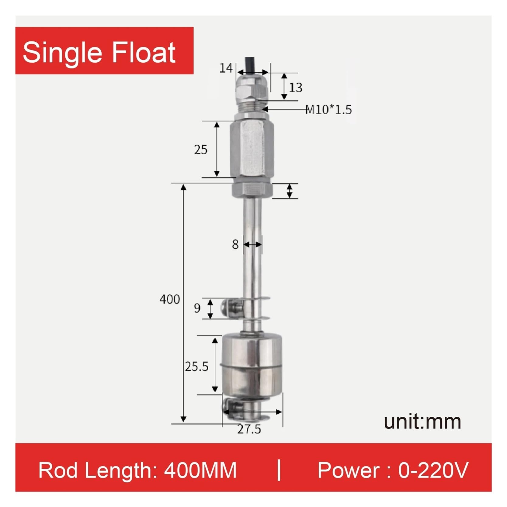 Controlador de líquido del Sensor de nivel de agua del interruptor de flotador ajustable de acero inoxidable 304(Single-ball-400mm)