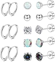 Jstyle Hypoallergenic 20G Surgical Steel Stud & Hoop Earrings for Sensitive Ears - Opal CZ Ball Flat Back Set for Women Men