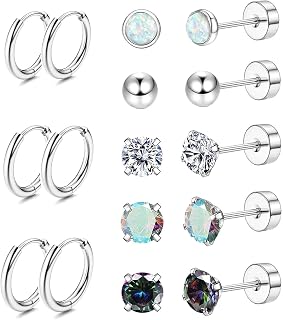 Jstyle Hypoallergenic 20G Surgical Steel Stud & Hoop Earrings for Sensitive Ears - Opal CZ Ball Flat Back Set for Women Men