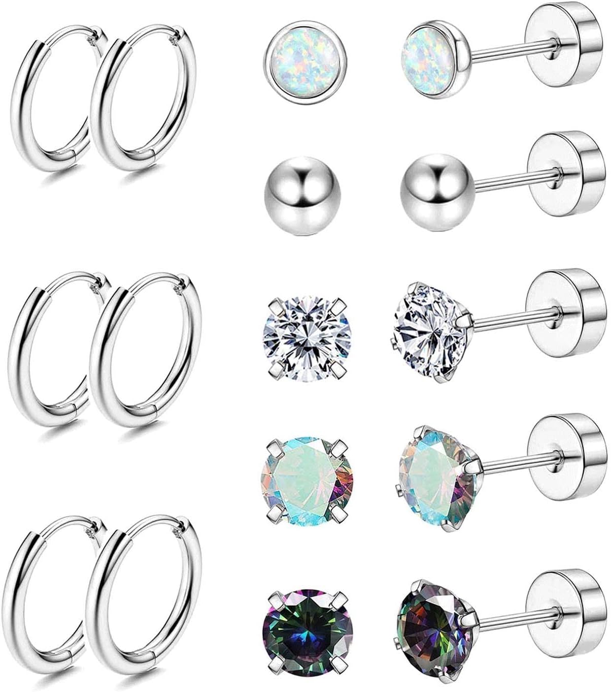 Surgical Steel Earrings for Sensitive Ears Hypoallergenic 20G Stainless Steel Stud Hoop Earrings for Women Men Small Opal Ball CZ Surgical Steel Flat Back Earrings Cartilage Earrings Hoop Stud