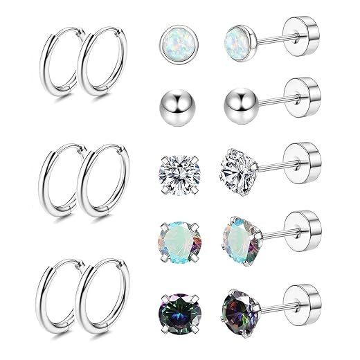 Jstyle Surgical Steel Earrings for Sensitive Ears Hypoallergenic 20G Stainless Steel Stud Hoop Earrings for Women Men Small Opal Ball CZ Surgical Steel Flat Back Earrings Cartilage Earrings Hoop Stud