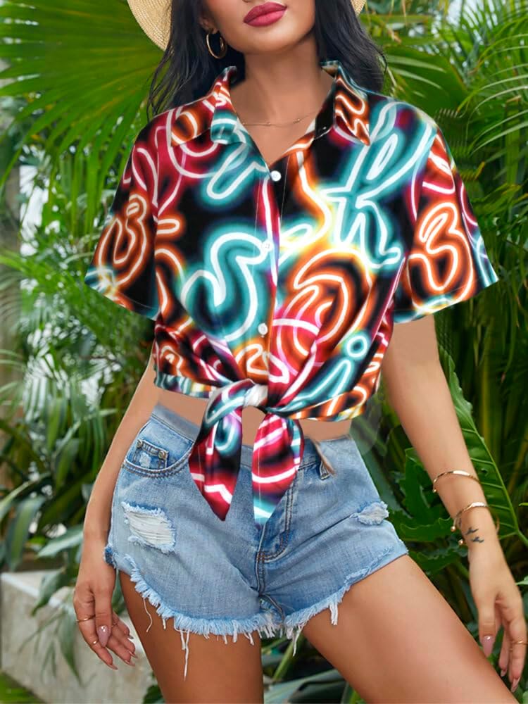 80s 90s Outfits Shirt Women Retro Disco Party Button Up Tshirt Hawaiian Beach Short Sleeve Blouse Top - Image 3