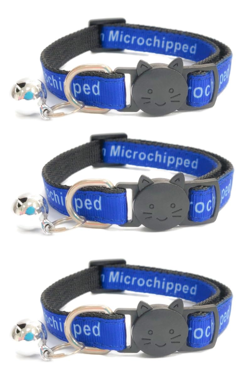 Worded Cat Collars with Bell - Please Do Not Feed Me, I Am Microchipped, 3. Blue, I Am Microchipped, Pack of 3
