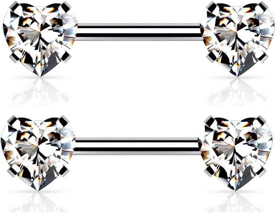 Pierced Owl - 14G Stainless Steel Threadless Push-in Prong Set Crystal Heart Nipple Rings, Sold as a Pair