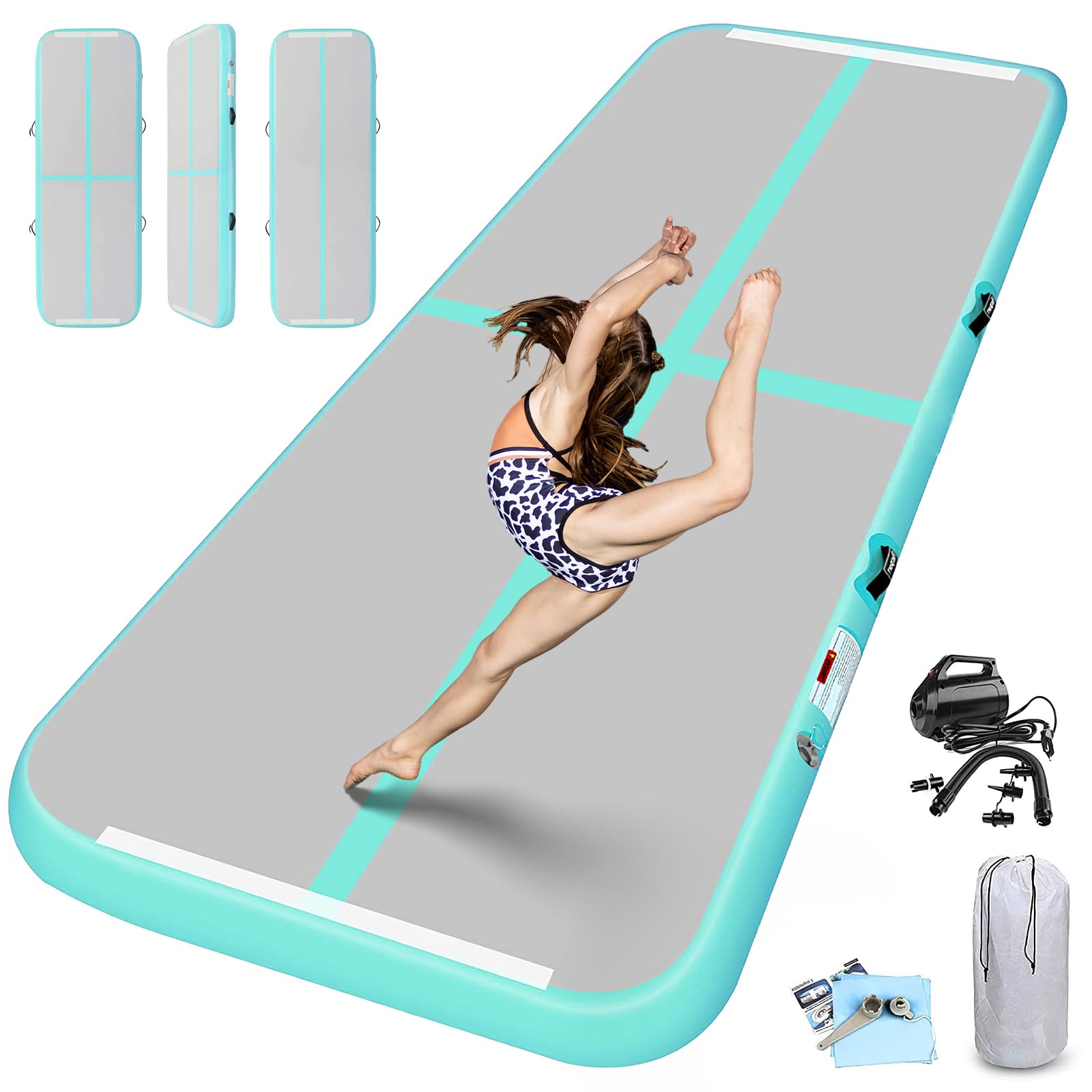 10/13/16/20/23/26FT Inflatable Air Gymnastics Mat Gymnastics Track Training Mats 4/8inches Thickness Inflatable Gymnastics Track for Home/Yoga/Floor/Cheerleading/Water with Electric Air Pump