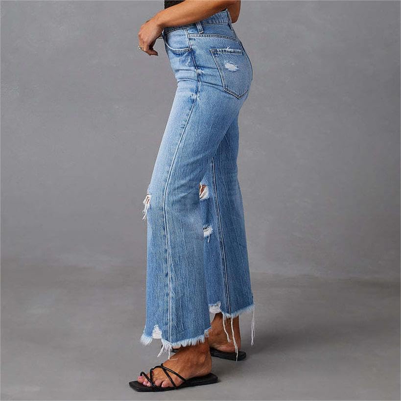Akivide Women's Distressed Raw Hem Boyfriend Ripped Jeans High Waisted Straight Wide Leg Jean Ankle Destroyed Denim Pants2