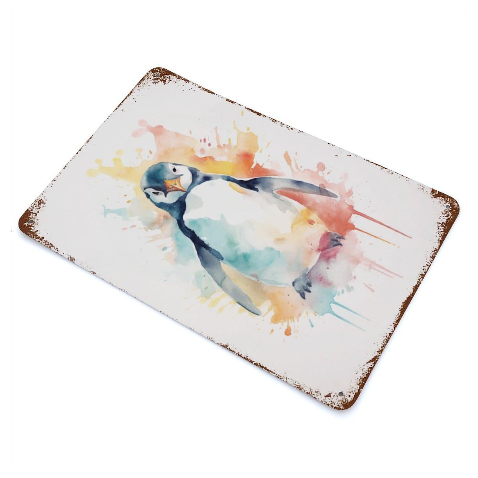 Distressed Metal Wall Sign Penguin Watercolor 11.8"x7.9", Vintage Wall Decor for Garage, Bar And Workshop Decor