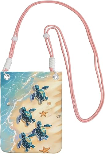 Cell Phone Crossbody Bag for Girl Women, Pink Strap, Polyester Material, Adjustable and Detachable Shoulder Strap Beach Turtle Sunshine Pattern
