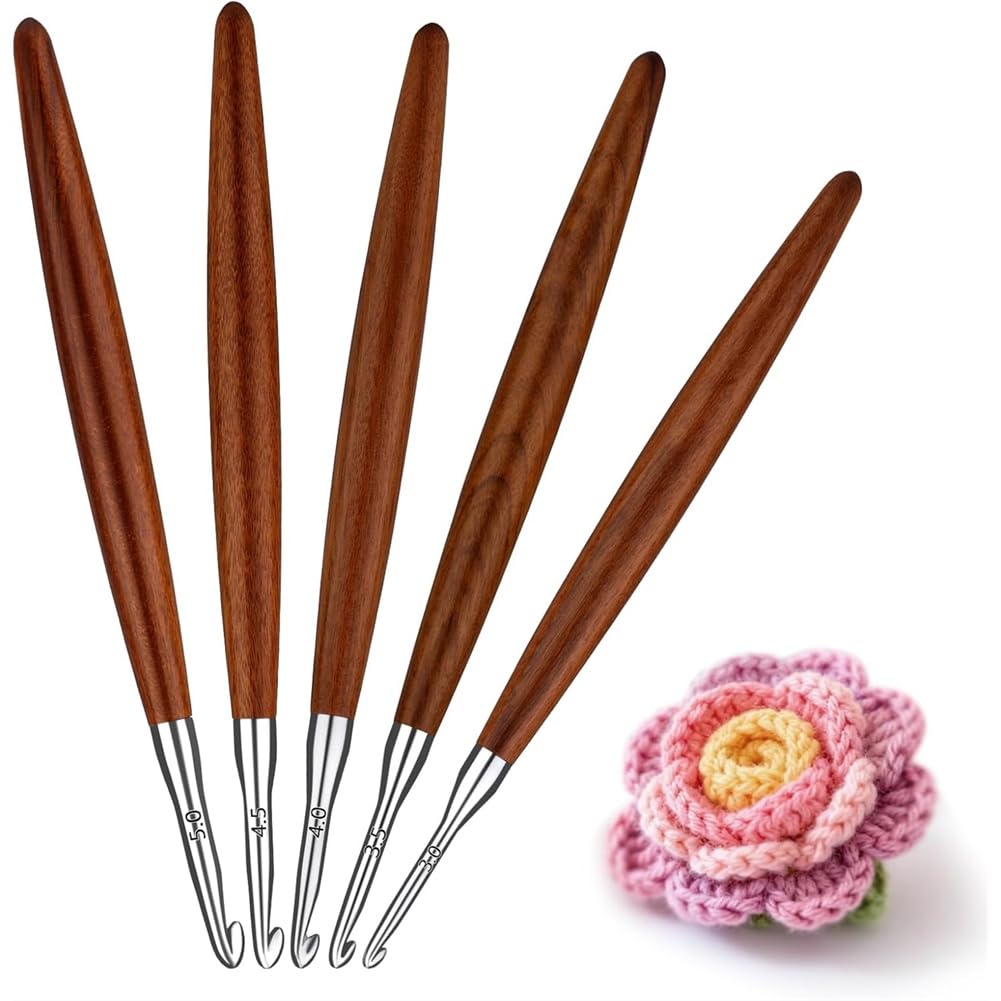 UDSKNV[KSL Aluminum Crochet Hooks Set(5 Pack), for Arthritic Hand Compatible, Wood Handle Sizes 3mm-7mm for DIY Craft Knitting