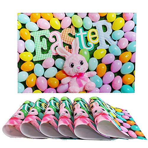 Placemats Set of 6 Happy Easter Colorful Eggs Heat Stain Resistant Kitchen Place mats for Dining Kitchen Table Fall Outdoor Indoor Decorations Holiday Daily Use Easter Rabbit Balloon