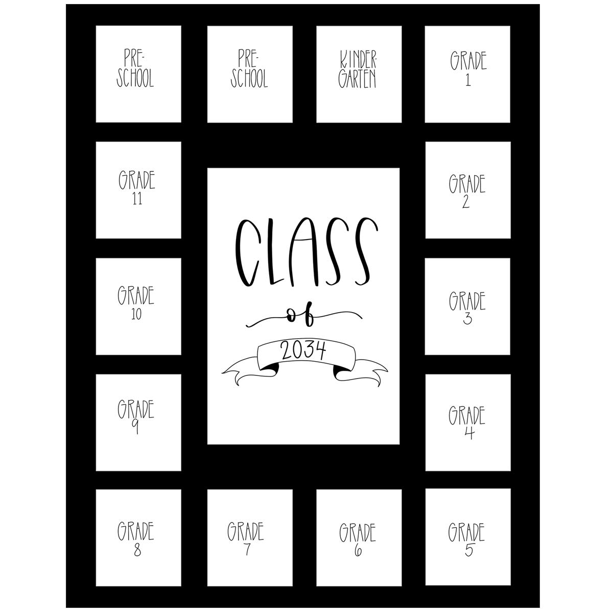 Rustic Red Door Co. Class of 2034 Photo Mat (11" x 14") Photo Collage Picture Frames Mat for School Pictures - No Frame Black Photo Mat from Pre - K to Graduation (15 Photos)