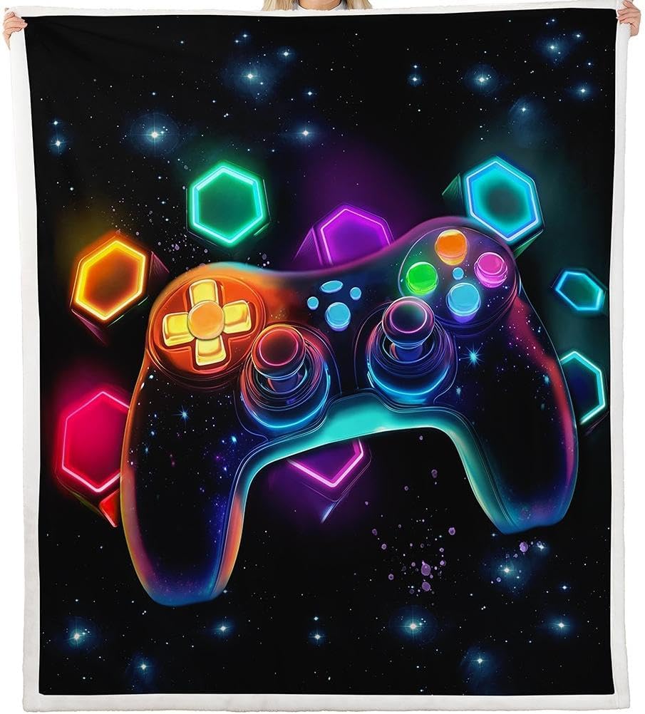 Erosebridal Game Consoles Gaming Throw Blanket 30"x40" Gamer Gifts,Gamer Blanket Space Geometric Fleece Blanket Red Green Blue Teal,Boys Bedroom Decor Game Room Decor