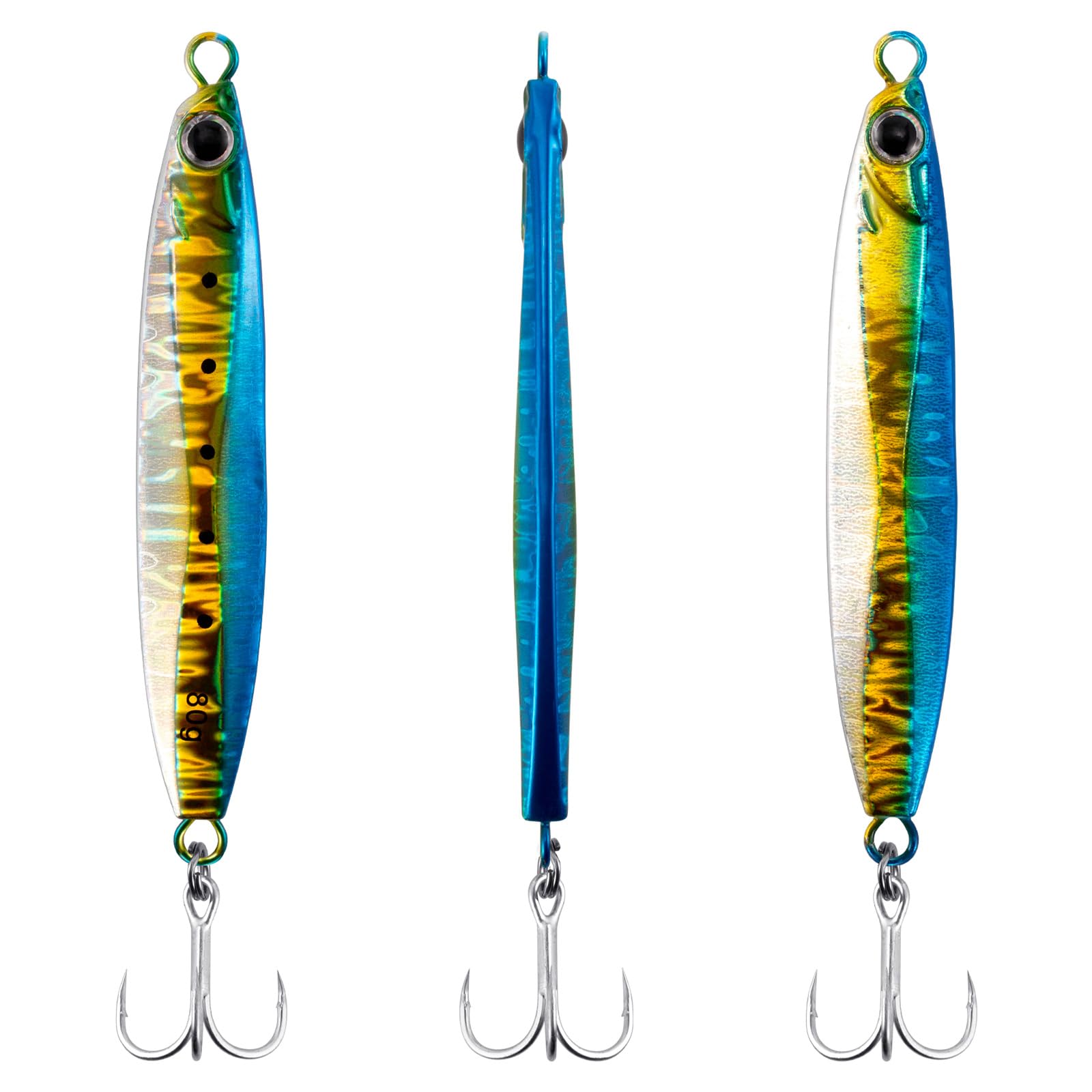 Dr.Fish Confezione da 3 esche da pesca in acqua salata Jigging Cucchiaio Esche da pesca Offshore Glow Verticale Diamante Metallo Casting Jig Acqua Salata Striper Snapper Sgombro