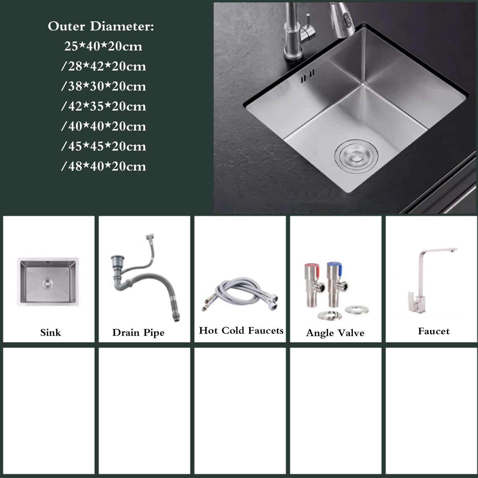 Mobiletto sottotop in Acciaio Inox Mobiletto da Cucina Piccolo con Vasca Singola e Rubinetto per Cucina con Preparazione di cibi umidi, Lavanderia (40 * 40 20 cm)