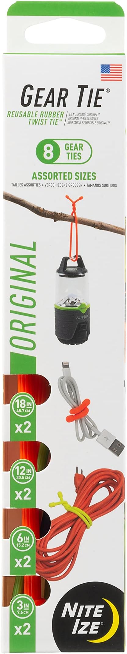 Nite Ize Original Gear Tie - Assorted Length Reusable Rubber Twist Tie - Reusable Gear Ties - Electric Cord Organizers - Twist Ties for Cords - Reusable Zip Ties - Assorted Colors & Sizes, 8 Pack