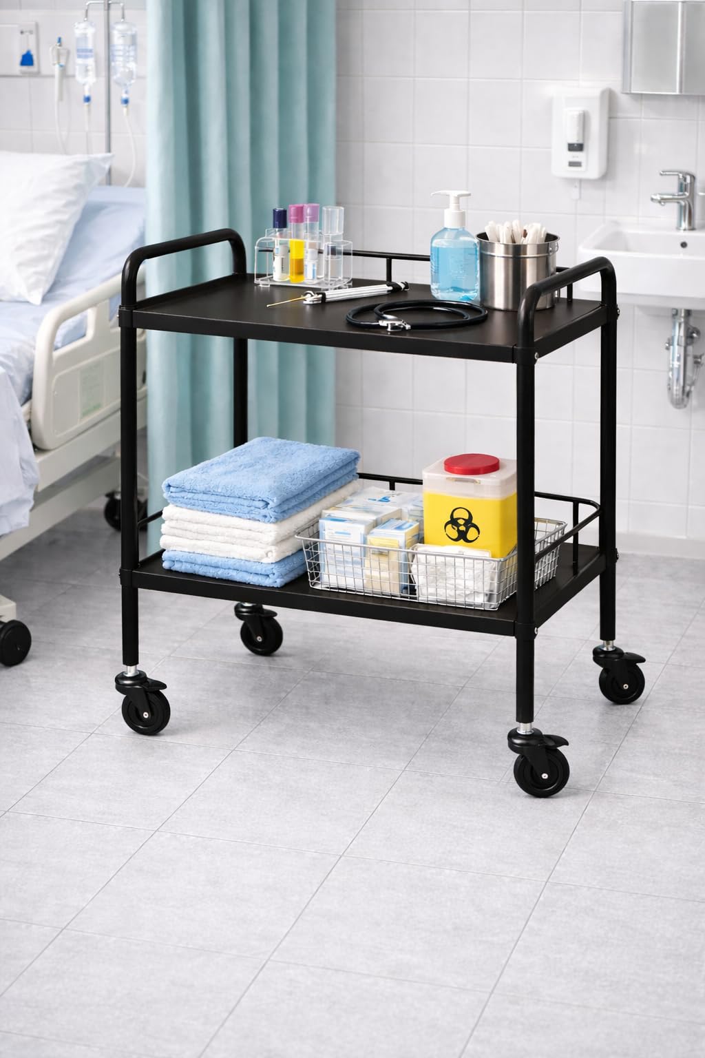 59748 Classic Hospital 2 Tier Metal Storage Trolley, for Hospital/Dental Clinic Medical Equipment Cart, Universal Brake Wheel - Black-image-41
