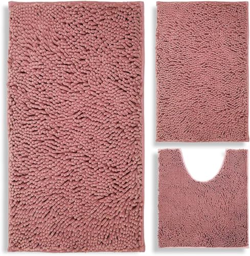 Image of Bathroom Rugs Chenille 3-Piece Extra Soft and Absorbent Shag Bathroom Rugs, Machine Wash Mat, Strong PVC Non-Slip Underside, Plush Carpet Mats (Deep Pink)
