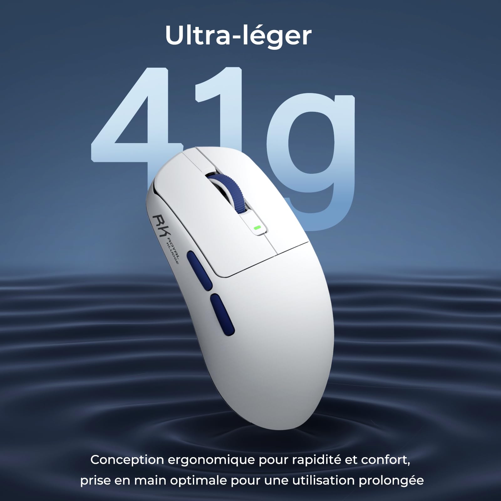 RK ROYAL KLUDGE M30 Souris sans Fil Gamer avec Capteur PixArt PAW3311, 41g Ultraléger, Polling Rate 1000Hz, BT/2.4G/Souris de Jeu Filaire, Batterie 250mAh, 5 Programmable Buttons, Blanc