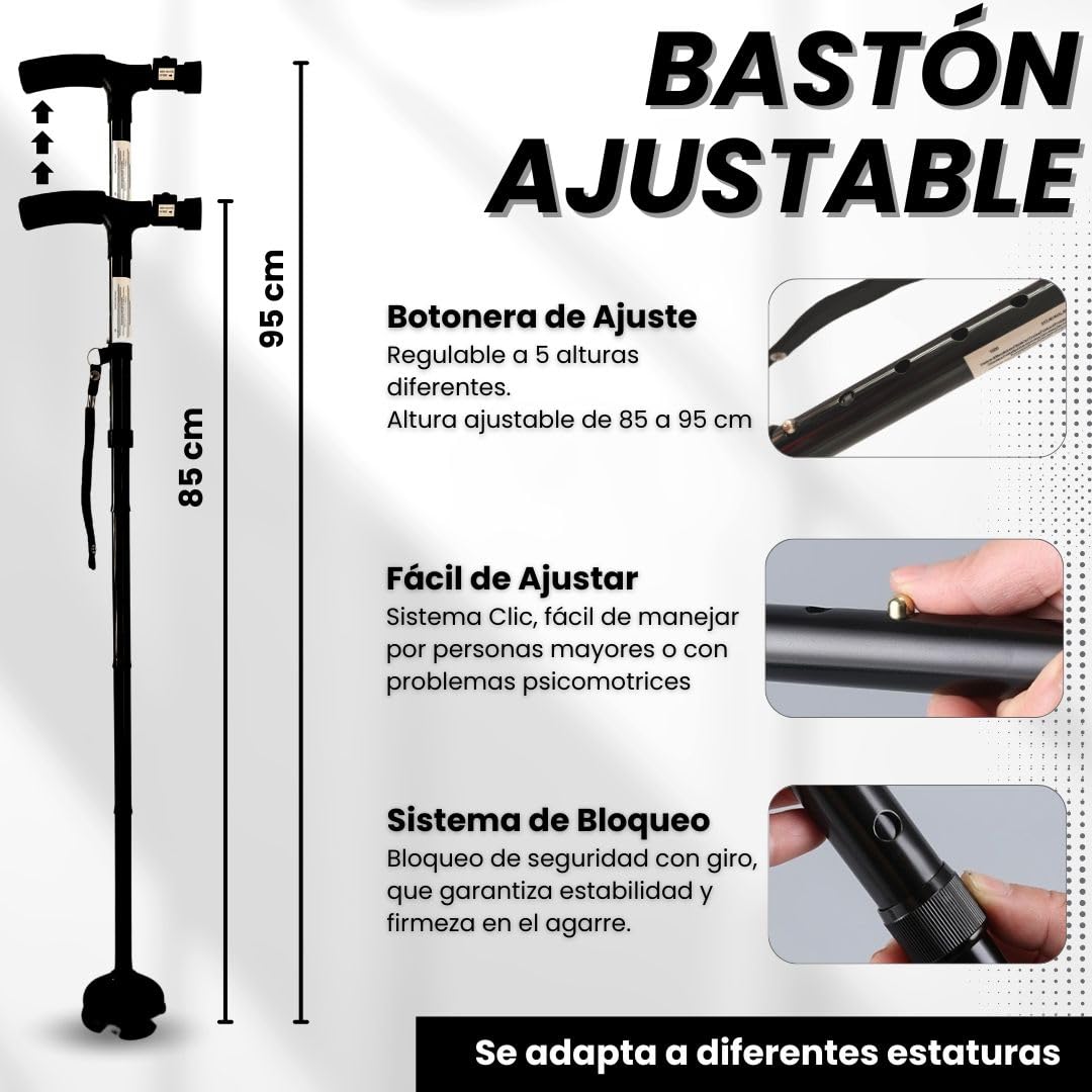 Bastón Plegable para Mayores con Luz LED | Extensible y Ajustable en Altura | Aluminio Ultraligero y Mango Acolchado | Base Antideslizante 4 Puntos | Seguridad Día y Noche | Evita Caídas
