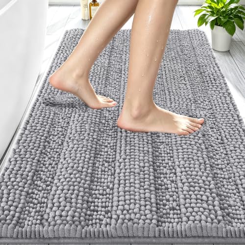 Image of Smiry Thick Chenille Bathroom Rugs 30x20, Soft Absorbent Bath Mat, Grey | Quick‑Dry & Machine Washable, Non‑Slip Bath Carpet, Striped Bath Rugs for Tub & Shower, Modern Home Decor Accessories
