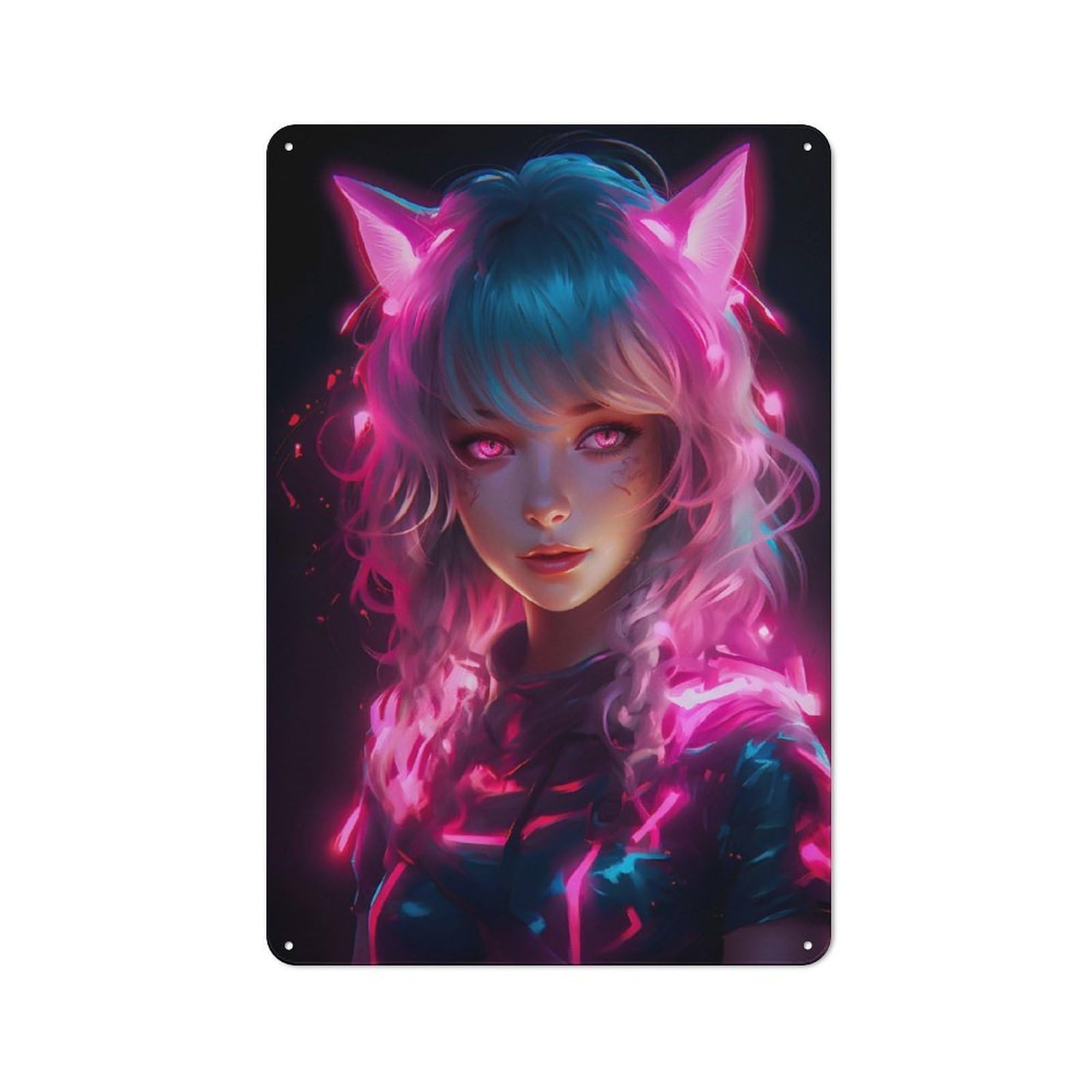 Junmoney Girls Anime Cat Neon Pink Everyday Vintage Metal Sign 30X20cm Featuring Room Wall Plaque For Home, Shop, Pub Or Studio Wall