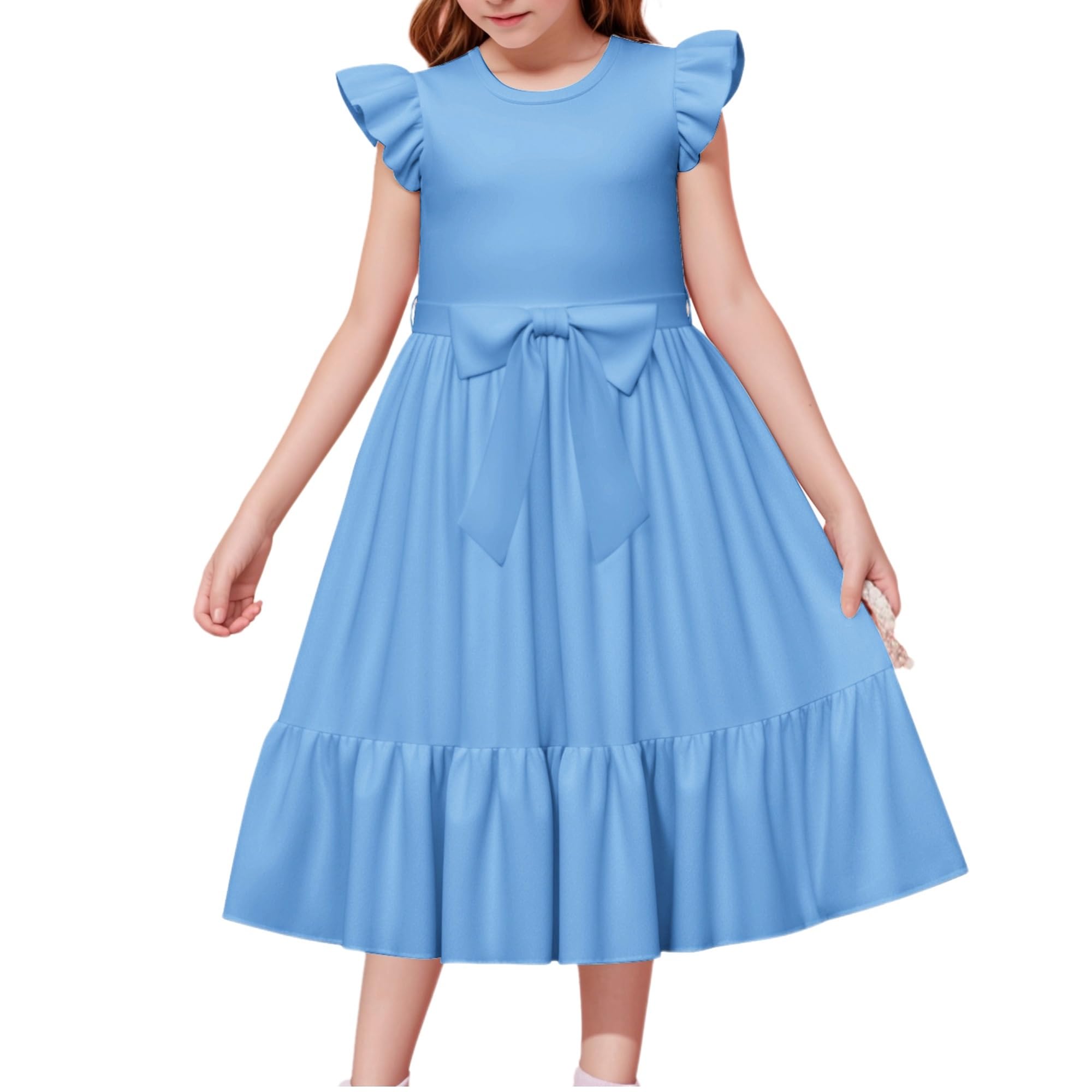 LQSZ Girls Belted Dress Ruffle Sleeve Trim A-Line Swing Solid Color Casual Party Dresses for Toddler Girls 3-12 Years