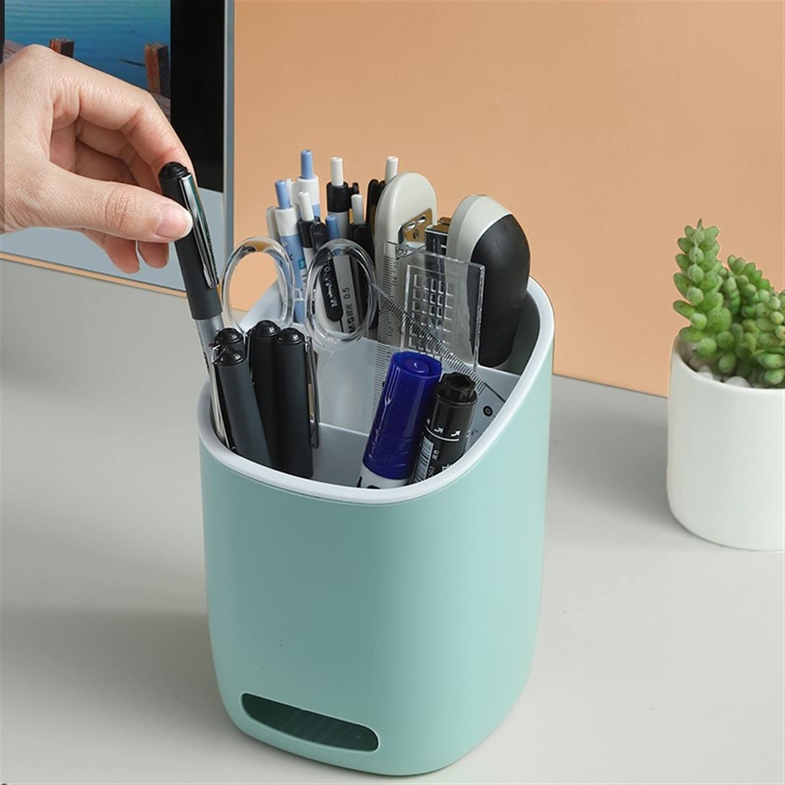 Pot à crayons multifonction en plastique PP - Boîte de rangement pour crayons et maquillage - 3 grilles - Organiseur de bureau - Porte-crayons