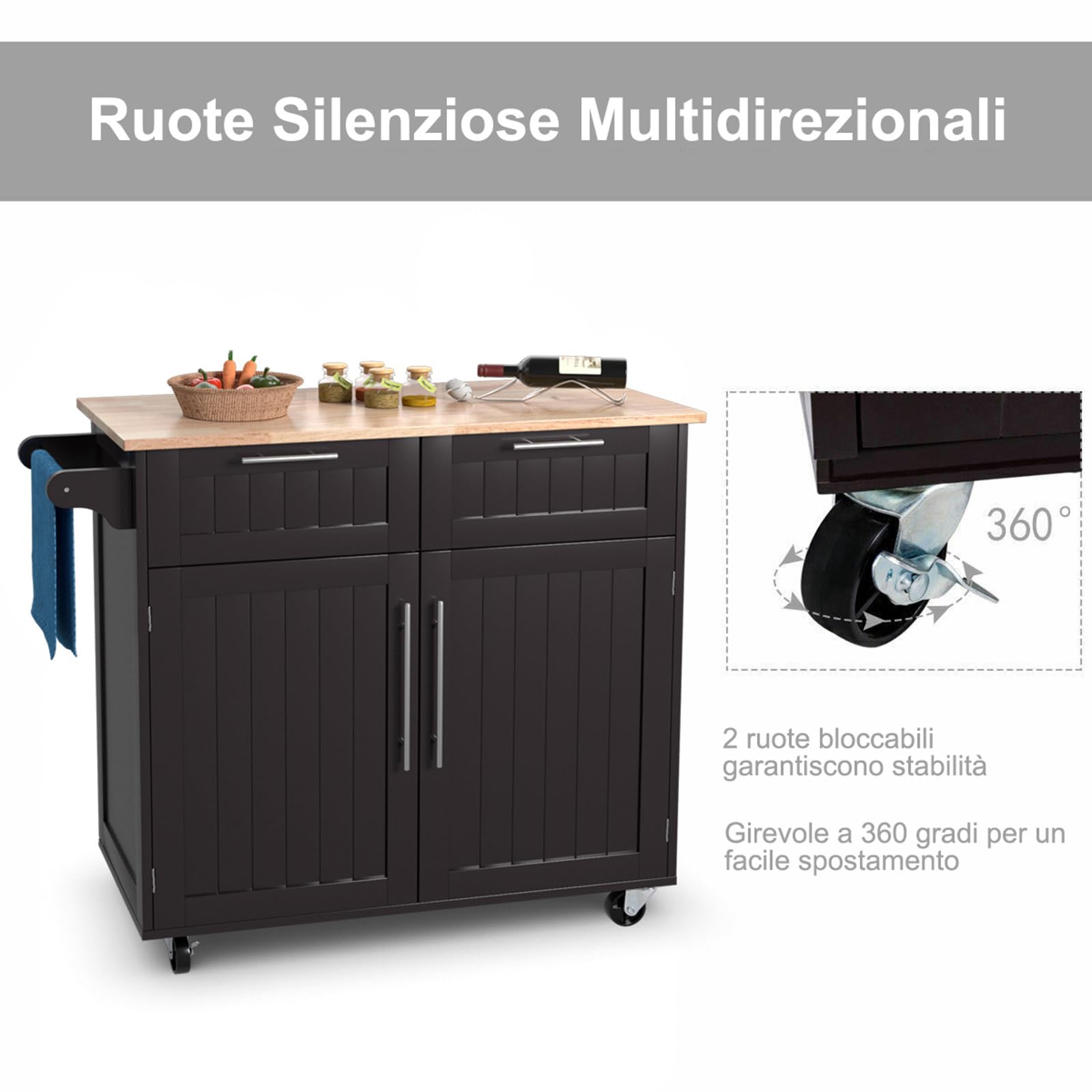 COSTWAY Carrello da Cucina, Isola da Cucina con Cassetti Portaoggetti e Armadietti, Ruote Universali e Portasciugamani, Ideale per Casa Ristorante Bar (Marrone)