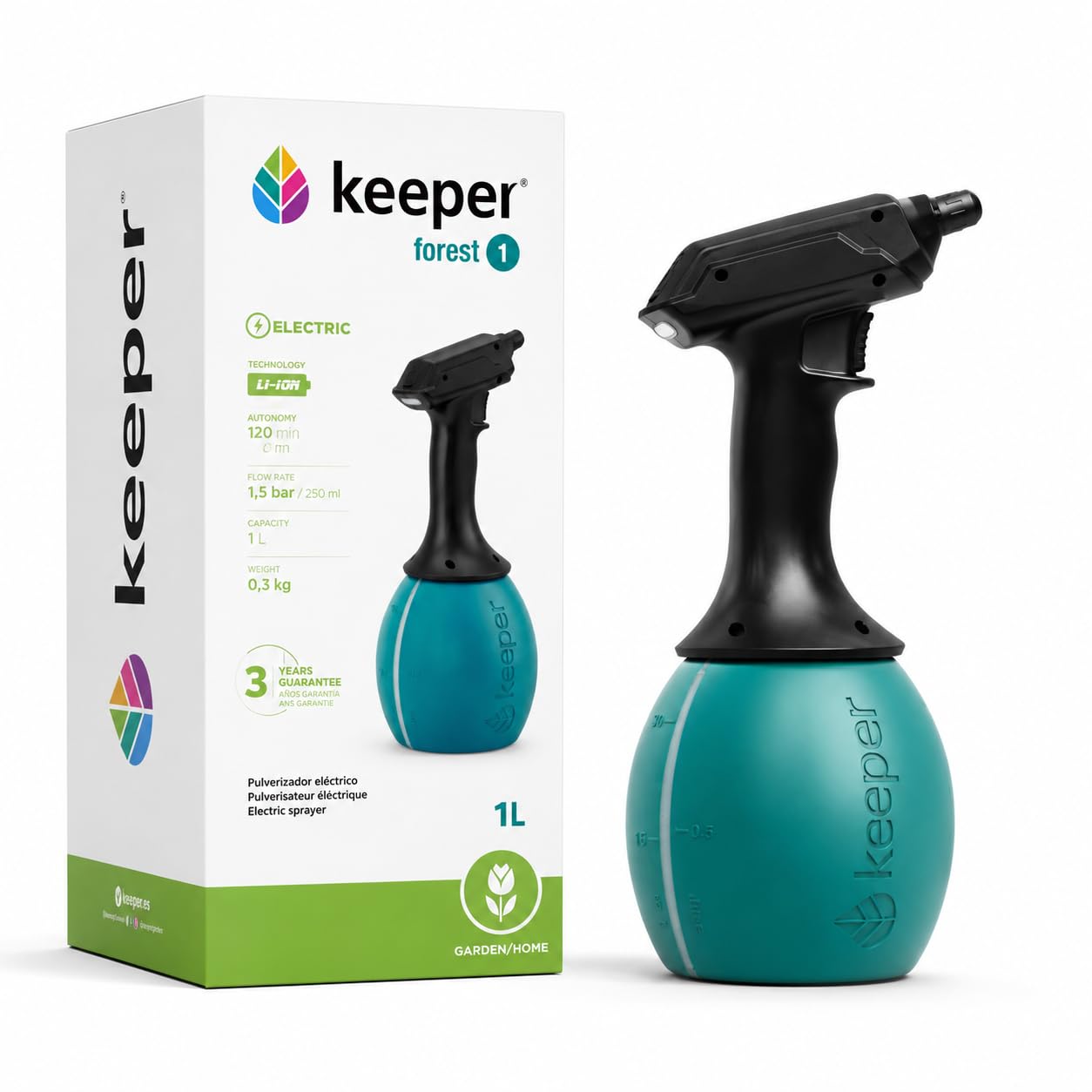 Keeper Pulverizador Eléctrico para jardín Keeper Forest 5. Batería Litio. Recarga Mediante USB. Indicador Luz. Boquilla Regulable. 120min Autonomía.5L (1 Litro)