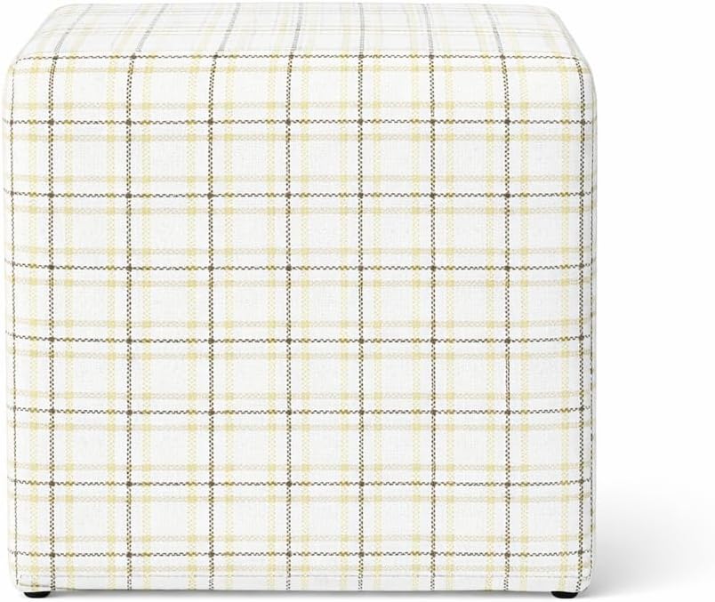 HomePop 19” Square Upholstered Ottoman with Solid & Engineered Wood Frame, Modern Cube Accent Stool for Living Room, Bedroom or Entryway - Natural Plaid Woven Fabric