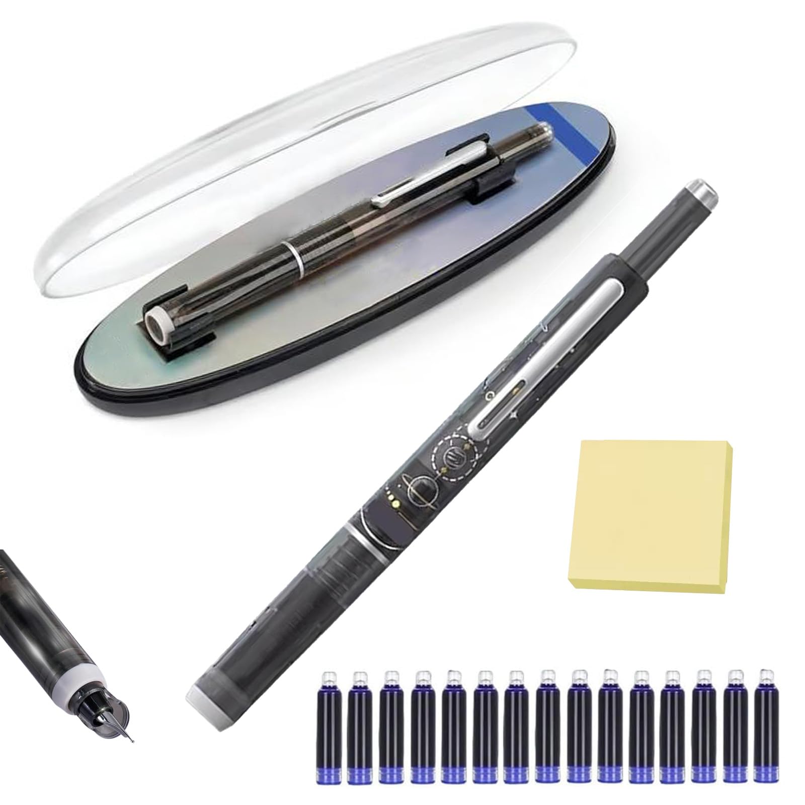 Retractable Fountain Pen, Fountain Pen Retractable:0.38mm Blue&Black Ink Transparent Barrel Includes 15 Refillable Ink Cartridges, for Smooth Writing No Leaking (Black,Black)