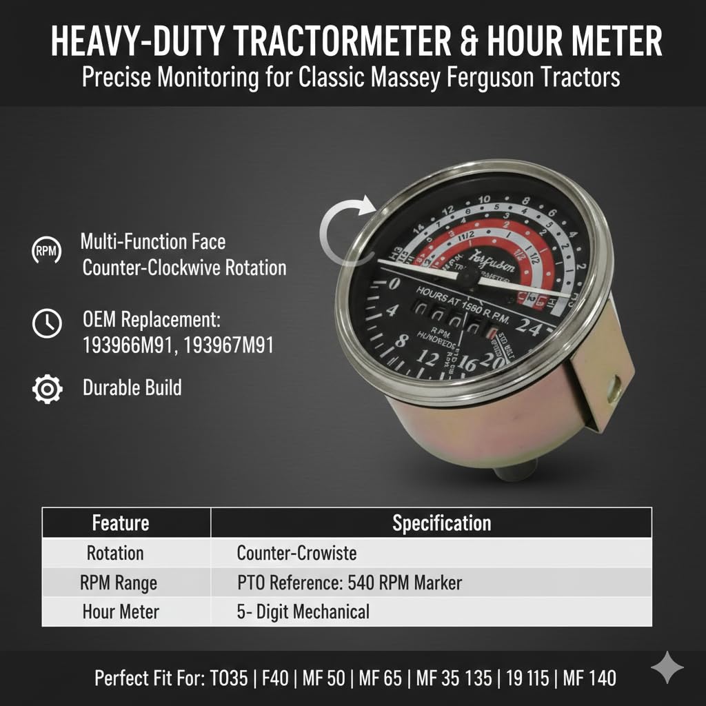 Massey Ferguson 193966M91 - Contagiri per trattore Massey Ferguson TO35 F40 50 65 Massey Ferguson Contagiri trattore/Anti Clock Wise Tachometer-MF 35, 133, 135, 140