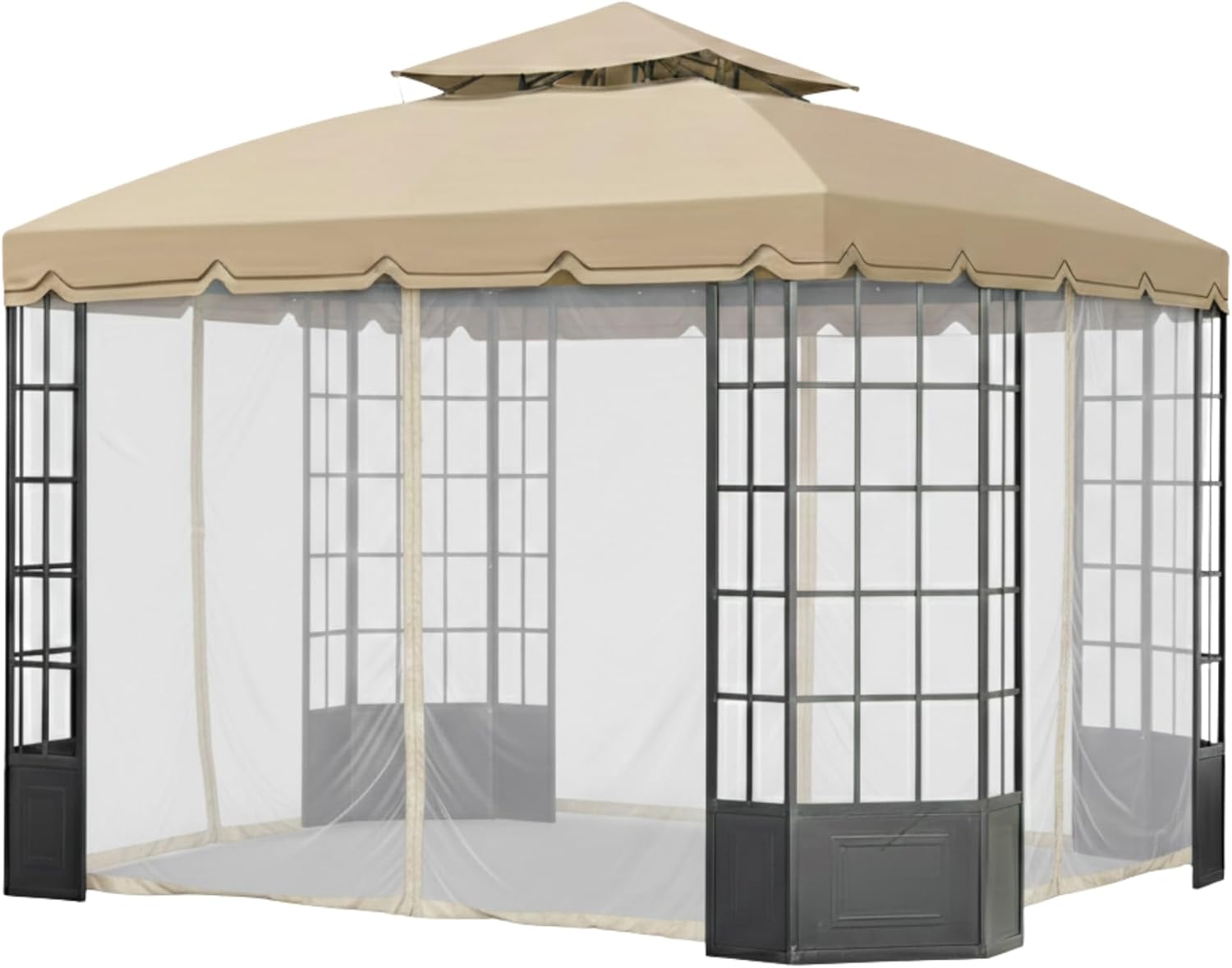 Garden Winds Reinforced RipLock 350 Replacement Canopy Top and Netting Set Compatible with Bay Window 10' x 12' Gazebo Models L-GZ120PST-2, L-GZ120PST-2D - Beige