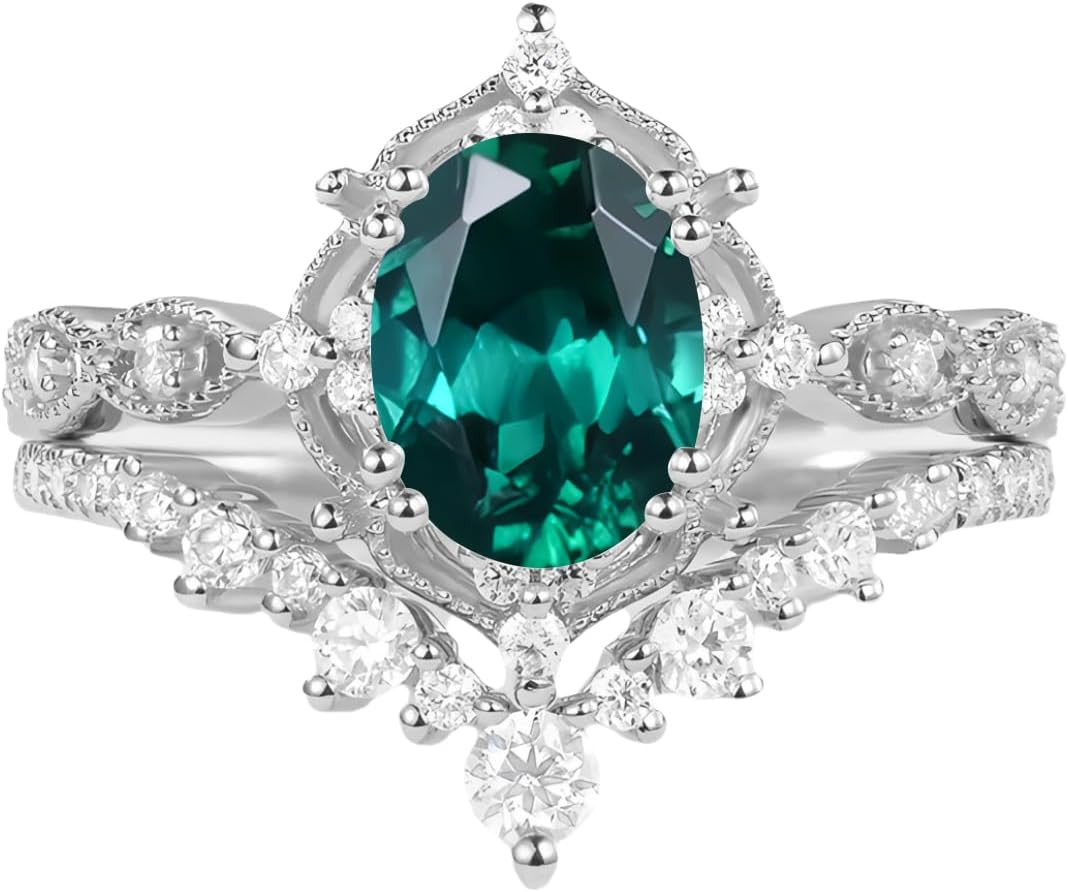 1.5ct Oval Gemstone Engagement Rings for Women 10K 14K 18K White Yellow Rose Gold Gemstone Wedding Ring Set Bridal Set 2pcs Oval Vintage Inspired V Shaped Wedding Band Anniversary