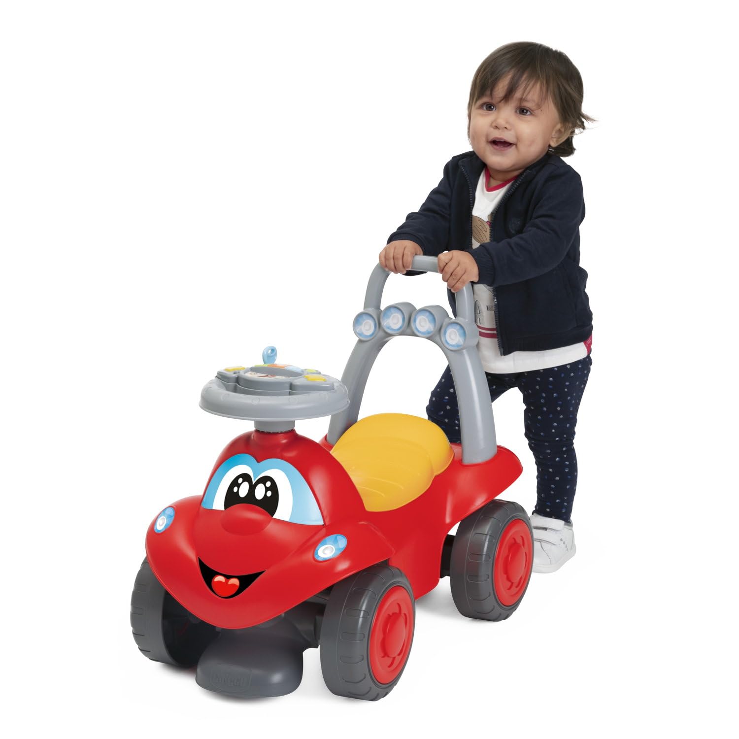 Chicco Billy Quattro, Gioco 4in1 Evolutivo,Cavalcabile,Primipassi,Dondolo,Spingi&Vai,Volante Elettronico con Luci e Suoni, Made in Italy,Plastica Riciclata 80%,Giochi Bambini 9-36 Mesi, Red, Rosso