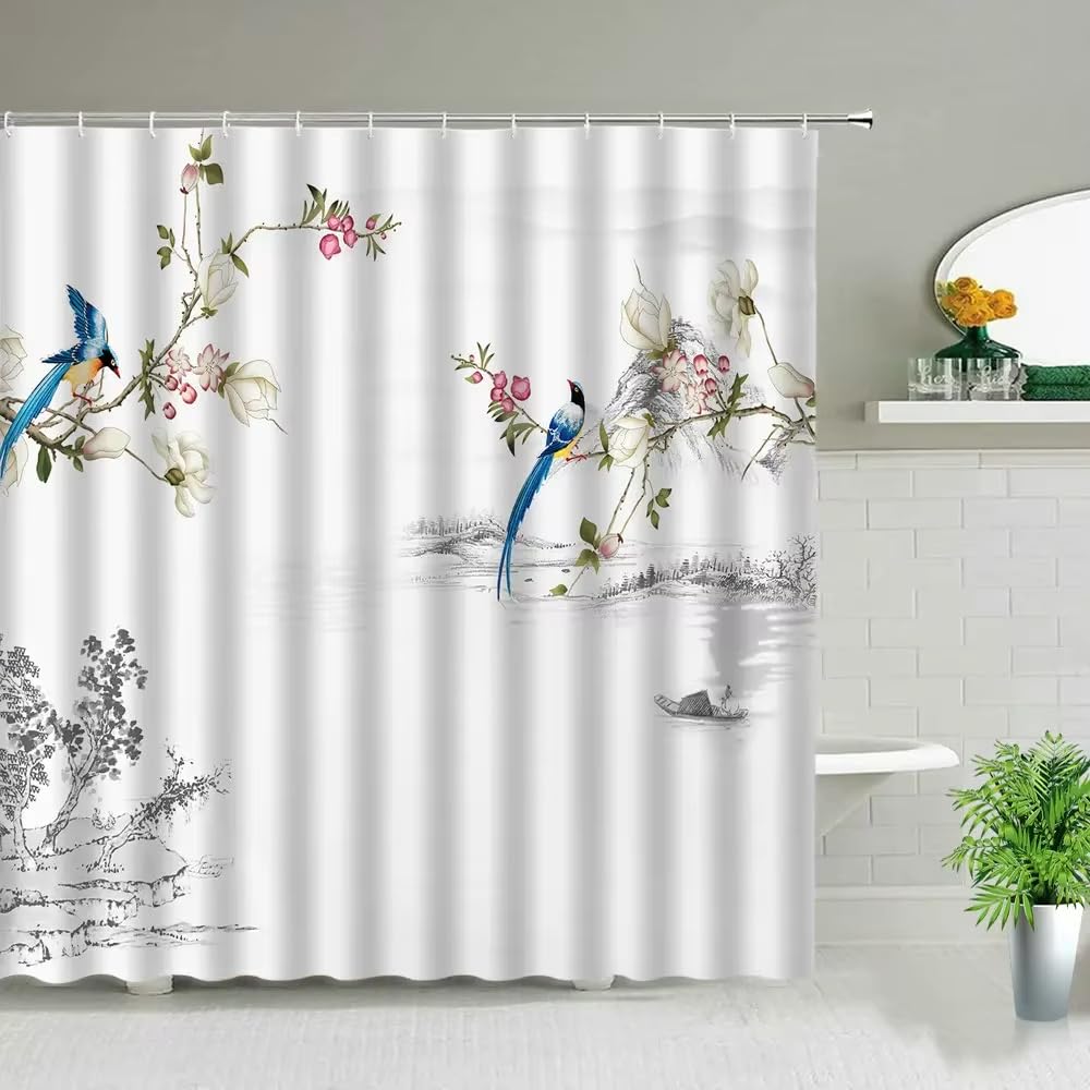 Rideau de douche style chinois 125x200 motif bambou fleurs oiseaux imperméable avec crochets