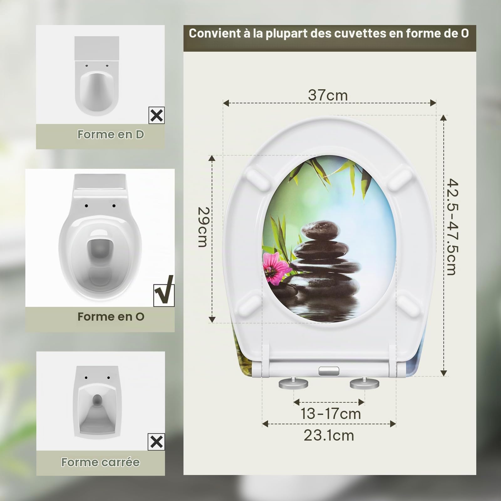 eSituro Abattant de Toilette, Siège WC en Forme de O à Fermeture Douce, Montage par le Haut, Déverrouillage Rapide, Charnières Réglables à 360°, en Duroplast, Pierres et fleurs