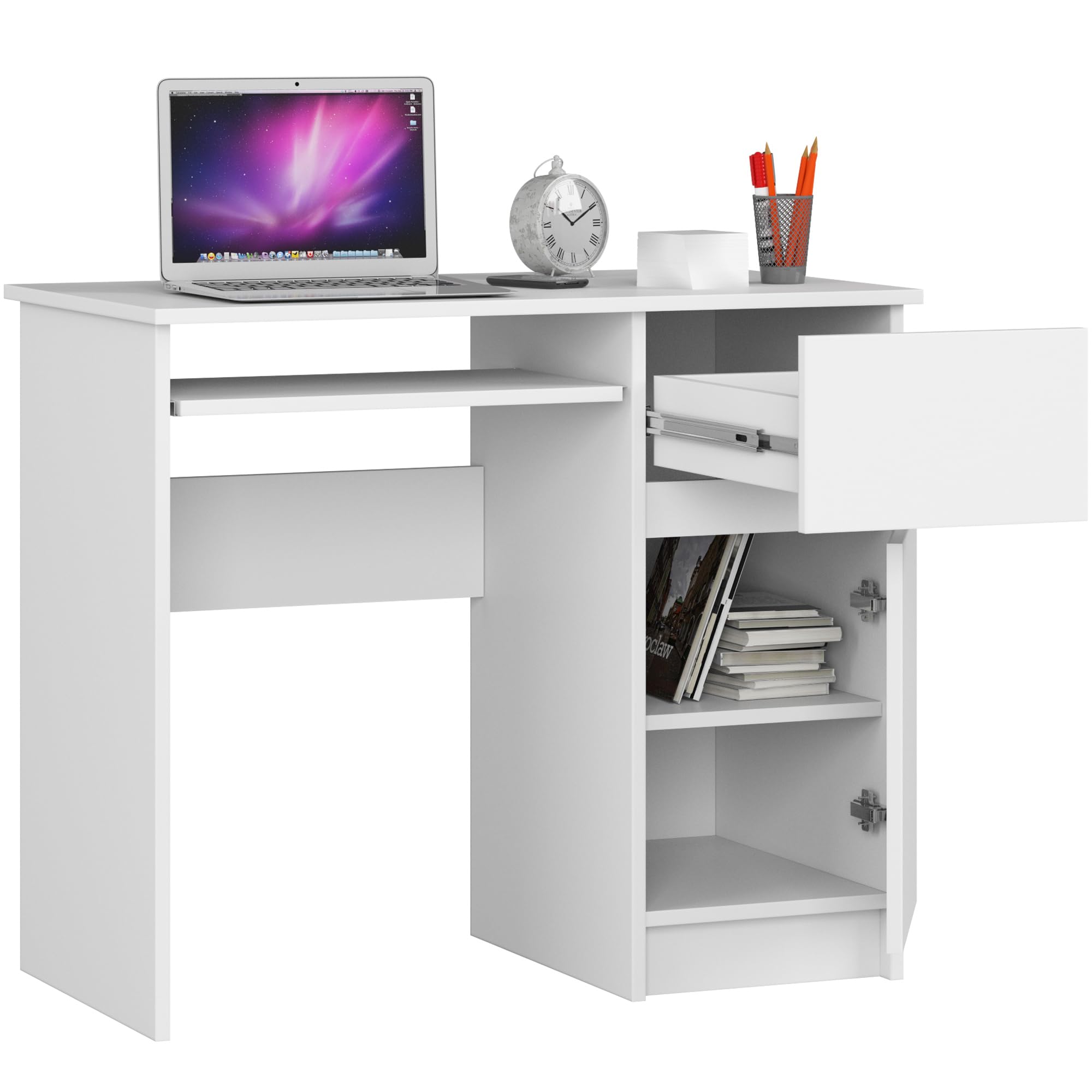 AKORD Bureau Informatique d'ordinateur Piksel | Tablette Clavier | Droit | Desk | 1 Tiroir et 1 Compartiment avec Porte | Table d’étude | L90 x H77 x P50 cm | Blanche