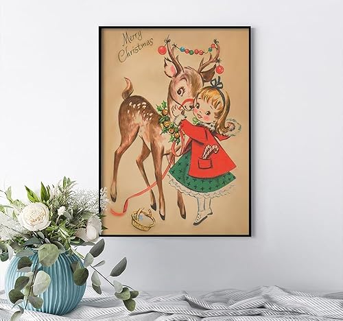 Miniatura 2 de Huabsad Arte de pared vintage de Navidad, regalos retro para niños, niñas lindas abrazando ciervos, impresiones estéticas de imágenes rústicas de