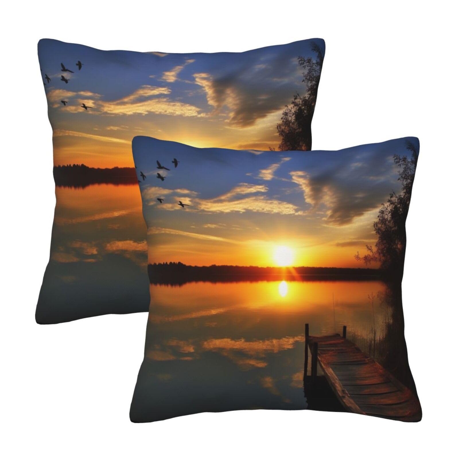 Lake under Sunset Throw Pillow Cases 2 Pack Square Pillowcases Soft Pillow Protectors for Couch Livingroom Sofa Bed Office Car,40x40 CM