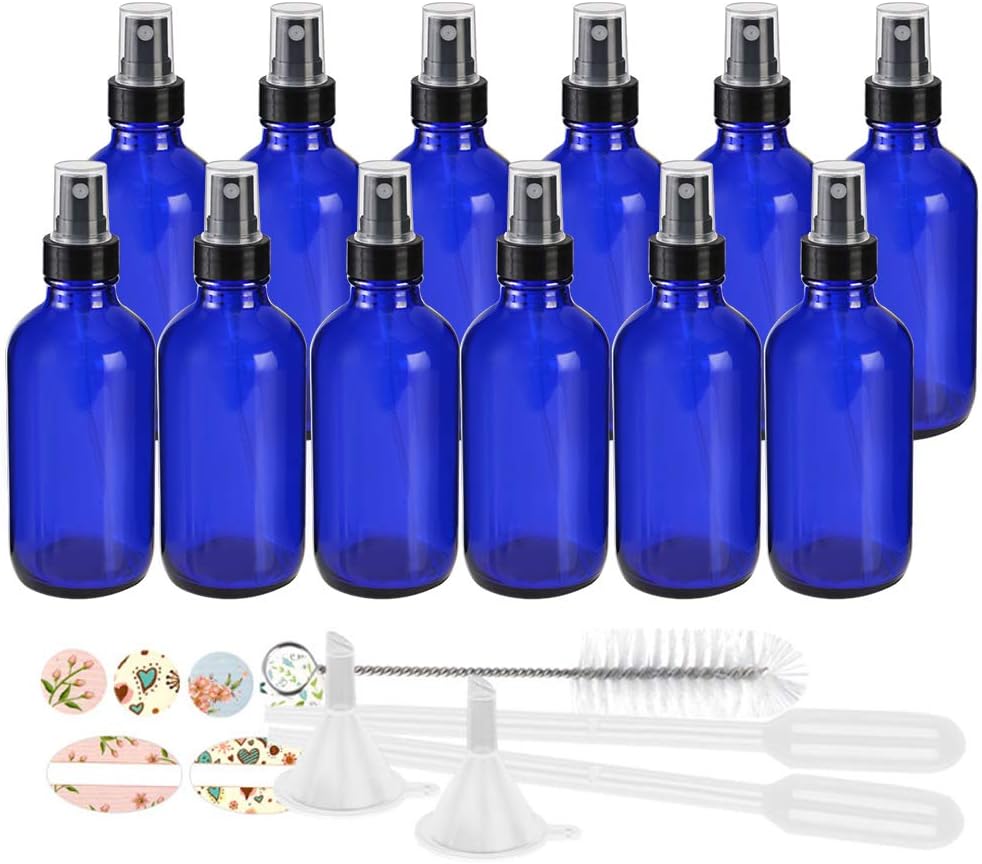 STARSIDE12 Pack 120 ml 4oz Blue Glass Spray Bottles with Fine Mist Sprayer & Dust Cap for Essential Oils, Perfumes,Cleaning Products.Included 1 Brush,2 Funnels,2 Droppers & 18 Labels.