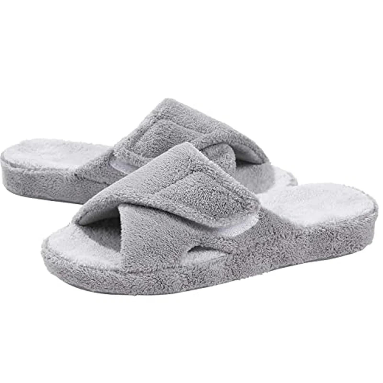Tela Zapatillas Zapatillas de interior difusas for mujer, zapatillas ajustables de tela de rizo con soporte for el arco, zapatos de casa con punta abierta for las cuatro estaciones For Viaj Y Casa(Gra