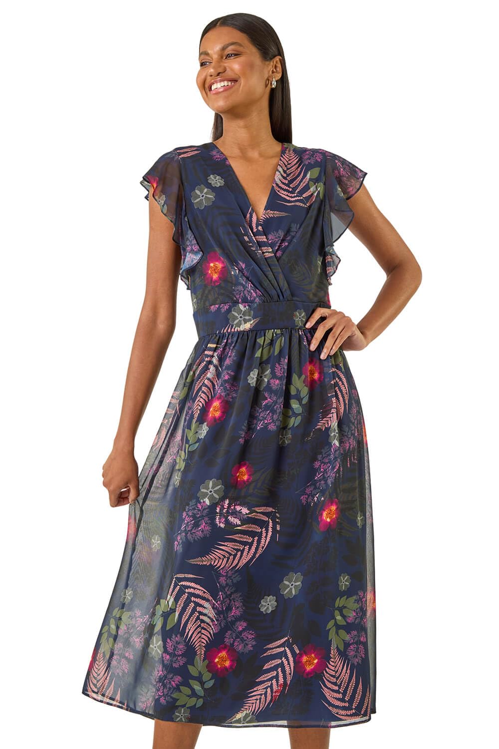 Roman Women's Floral Print Frill Midi Dress in Navy | Size: 12