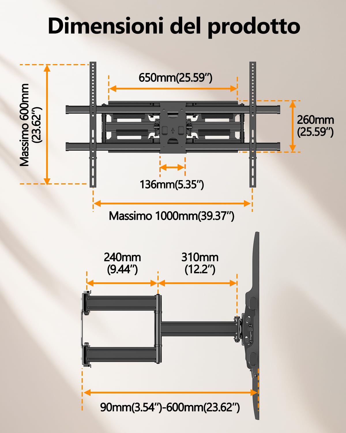 Supporto TV Parete da LED LCD 60 a 120 Pollici, Staffa TV con Movimento Inclinabile ed Estendibile, Braccio TVs con Doppio Braccio Articolato Ultra Resistente 125kg, VESA 200x100-1000x600mm