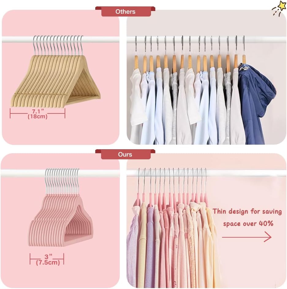 Stormix Baby Velvet Hangers, 50 Pack Children's Clothes Hangers Non-Slip Kids Hangers for Infant/Toddler Pink
