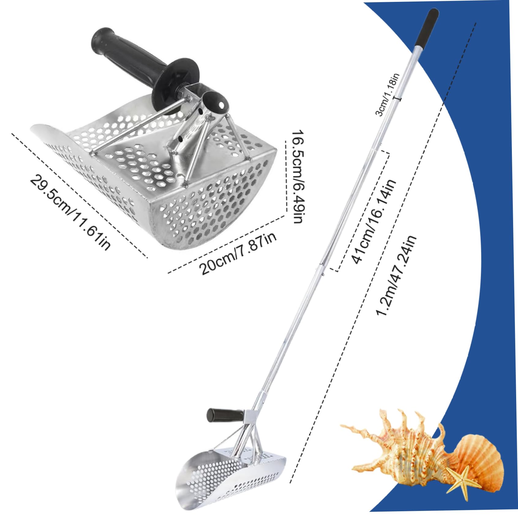 Pala de Arena para detección de Metales Pala de detección de Metales de Acero Inoxidable con Orificios en Forma y tamiz de Arena Resistente Desmontable de Mango Largo de 47 Pulgadas para la Playa, pa