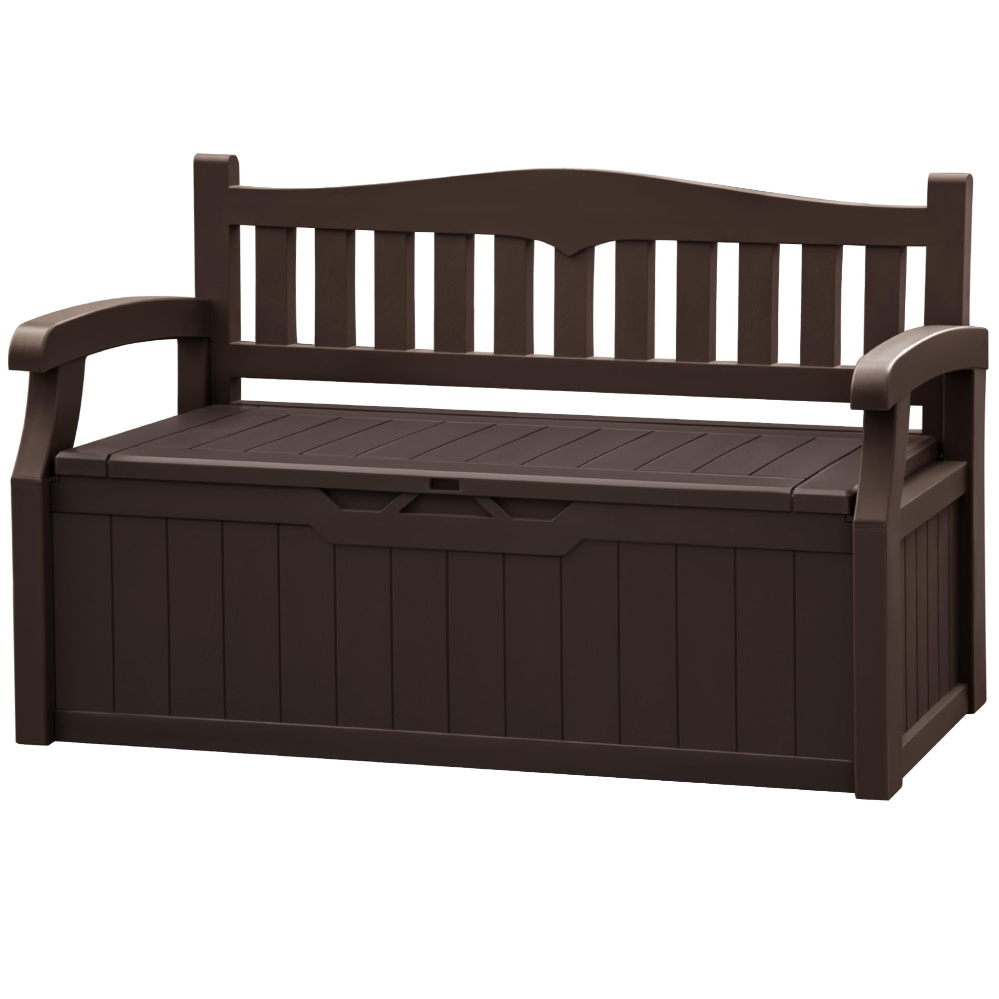 JUMMICO 80 Gallon Resin Outdoor Storage Bench, Large Deck Box with Armrest, Lockable&Waterproof for Garden, Home, Patio, Pools (Brown, 80 Gallon)