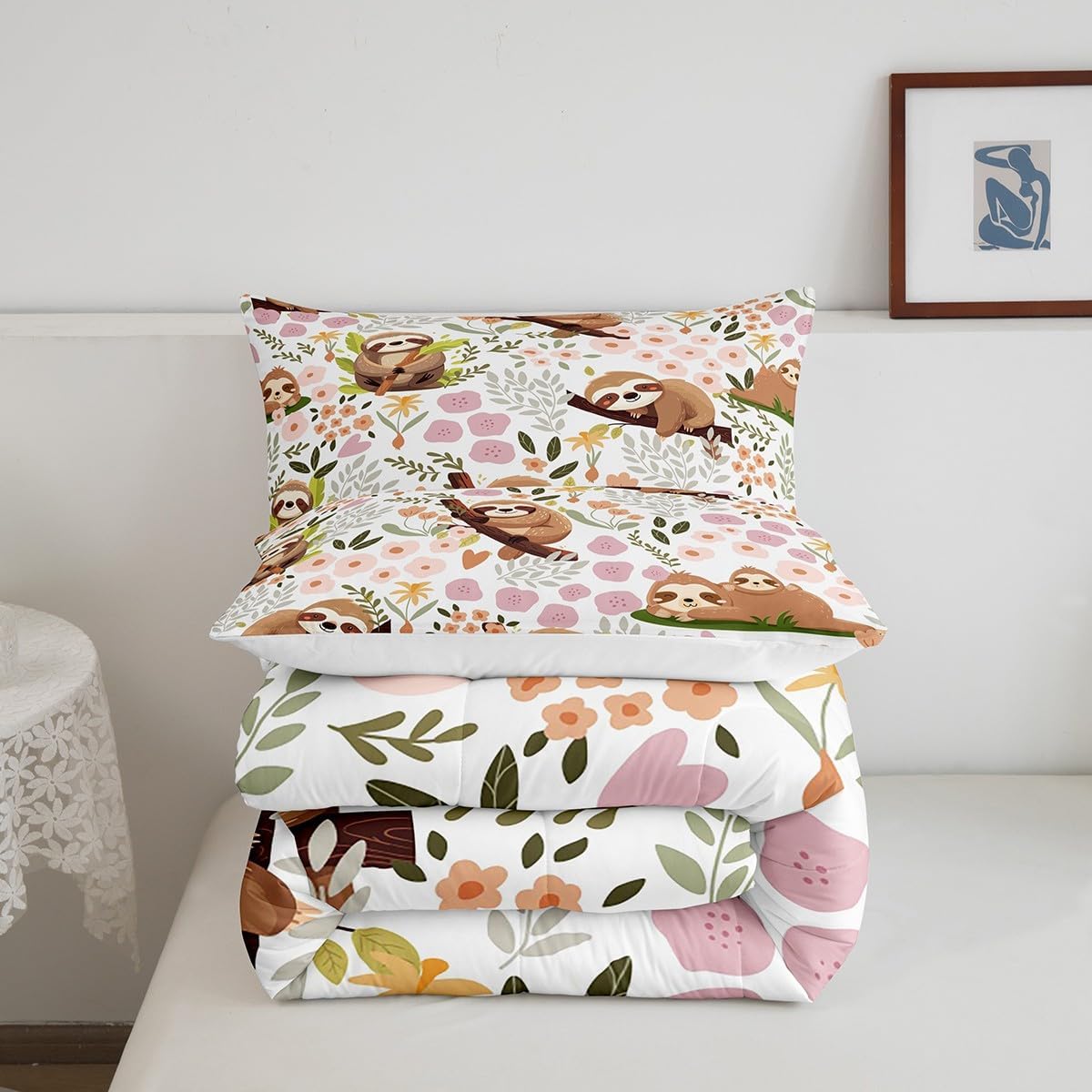 Feelyou Boys Girls Cute Sloth Bedding Set Full Size, Kawaii Animal Comforter Set Kids Cartoon Comforter Colorful Flowers Plants Teens Duvet Set Bedroom Decor 3Pcs
