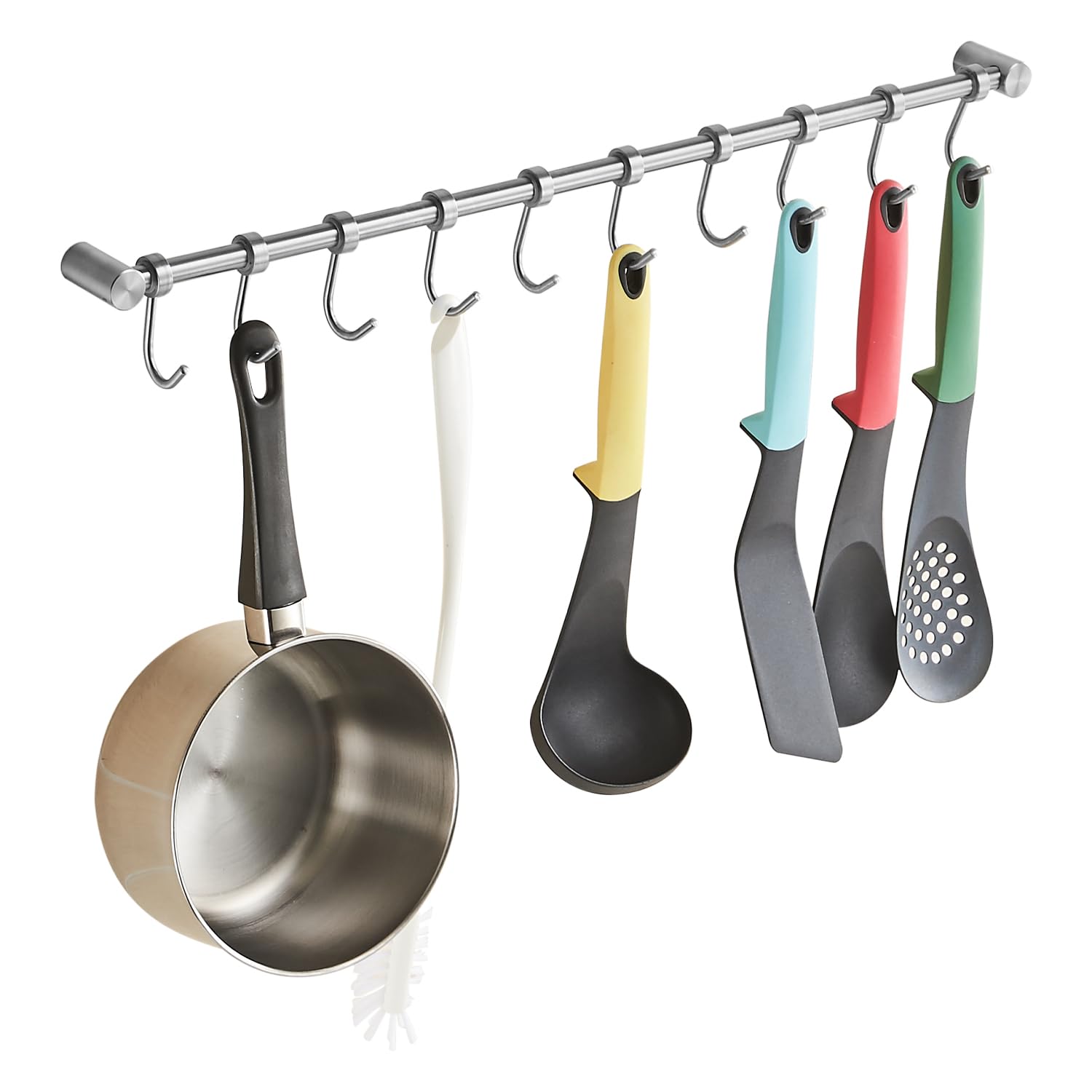 Estante colgante de vajilla con 10 ganchos desmontables, riel de cocina colgador de sartenes de acero inoxidable montado en la pared, organizador de barra para abrigos y sombreros para colgar